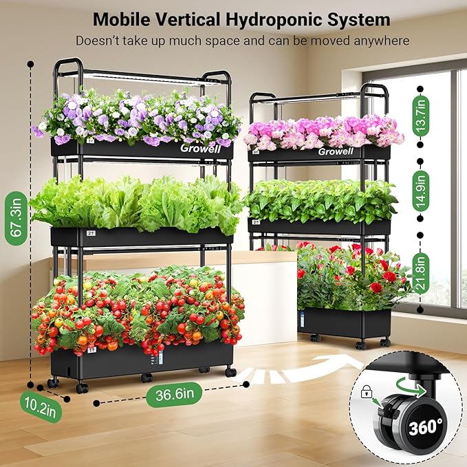 Growell Large Hydroponics Growing System Kit, 90 Pods Vertical Hydroponic Garden with 2 Light Modes Grow Light, Auto Circulating Water System, 40L Indoor Gardening System for Herb Vegetable Fruit