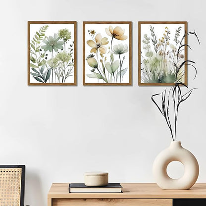 Wood Framed Sage Green Botanical Wall Art Set of 3, Boho Floral Canvas Wall - Image 6