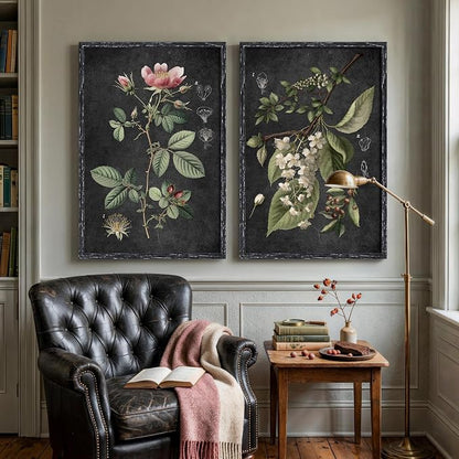 Large Framed Vintage Botanical Wall Art Set of 2, Rustic Retro Dark Floral - Image 2