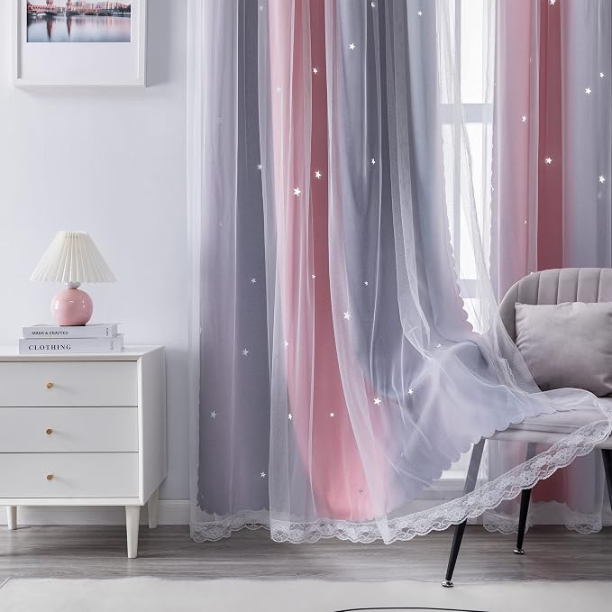 XiDi Curtains for Bedroom Decor, Rainbow Pink-Grey-52-54 - Image 3