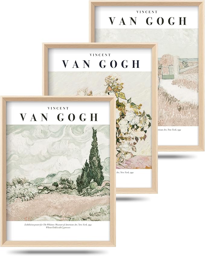 HesenDot Van Gogh High Framed Wall Art Set of 3, 12x16in Neutral Floral Canvas by HesenDot