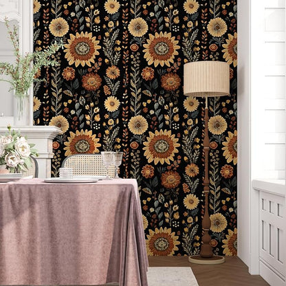 Boho Dark Floral Peel and Stick Wallpaper, Vintage Black Brown Flower Pattern - Image 6