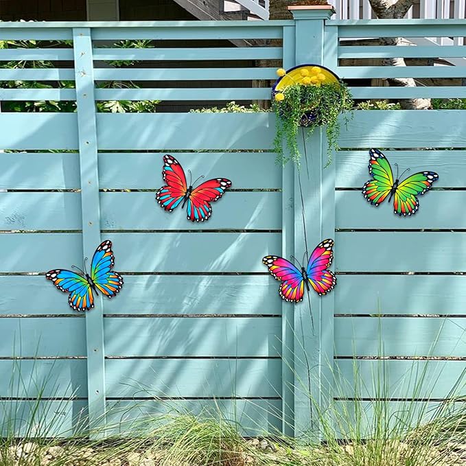 Oraytteo 4 Pack Metal Butterfly Wall Decor, Butterflies Wall Art Hanging Sculptures for Outdoor, Fence Patio Yard Tree Garden Home Decorations, Housewarming Gift