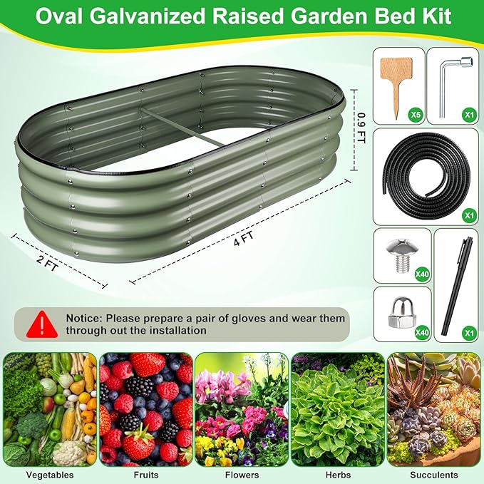 Olive Green 4x2x0.9ft Raised Garden Bed, Deep Metal Garden Bed, Large Galvanized Raised Garden Beds Outdoor, Raised Planter Box Kit for Vegetables, Flowers, Fruits