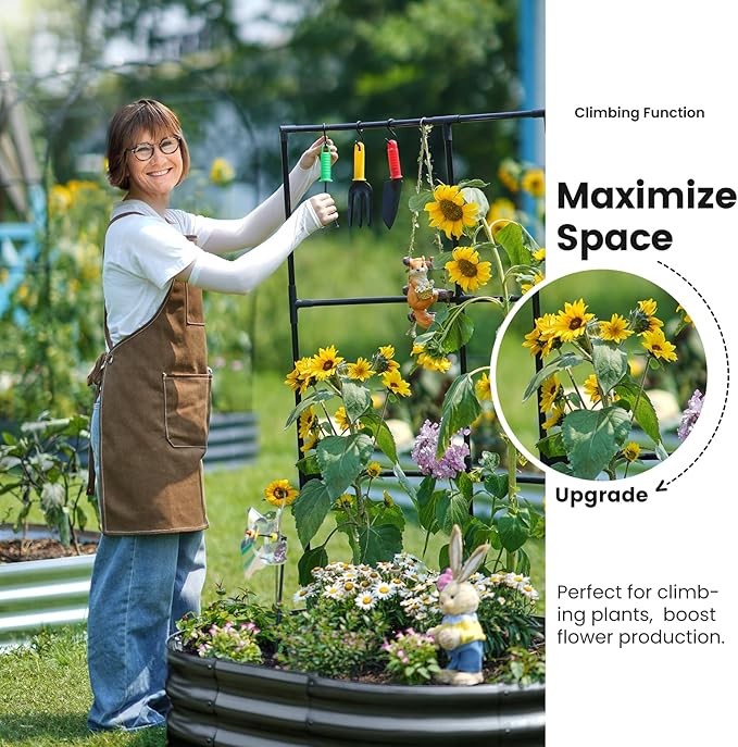 KING BIRD Raised Garden Bed with Wall Trellis Galvanized Planter Garden Box Outdoor for Gardening, Climbing Vegetables, Flowers 3.94x2.95x0.98 Ft, Dark Grey