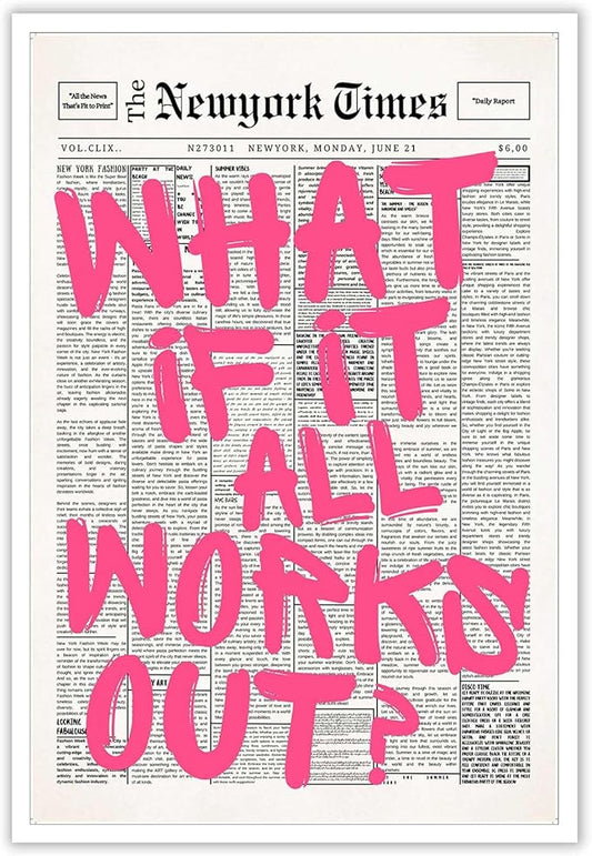 Drimiler Retro Newspaper Pink Font Poster What If It All Works Out Canvas Wall by Drimiler