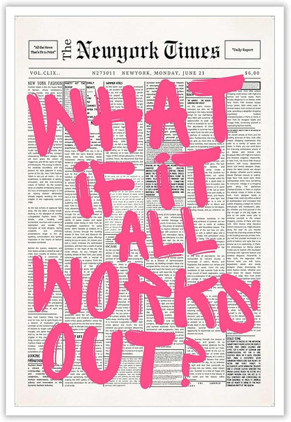 Drimiler Retro Newspaper Pink Font Poster What If It All Works Out Canvas Wall by Drimiler