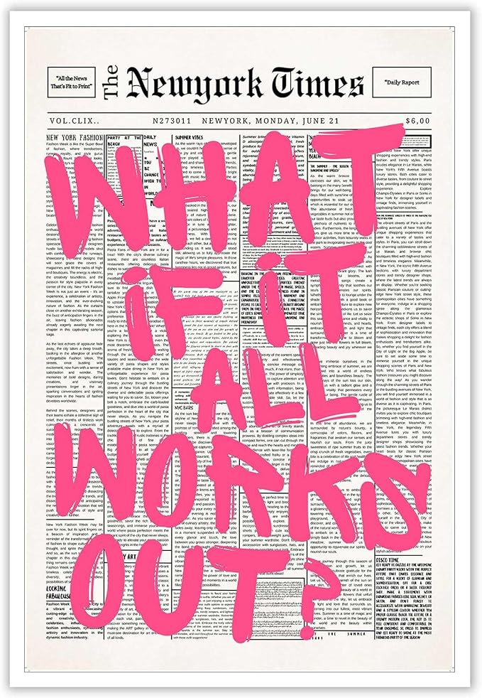 Drimiler Retro Newspaper Pink Font Poster What If It All Works Out Canvas Wall by Drimiler