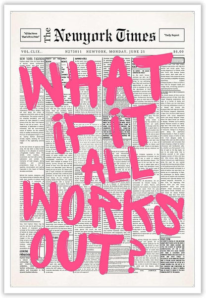 Drimiler Retro Newspaper Pink Font Poster What If It All Works Out Canvas Wall by Drimiler