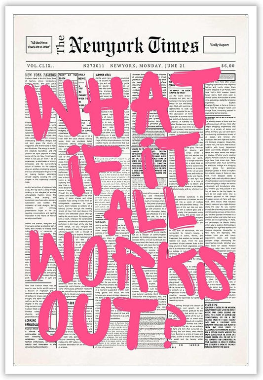 Drimiler Retro Newspaper Pink Font Poster What If It All Works Out Canvas Wall by Drimiler