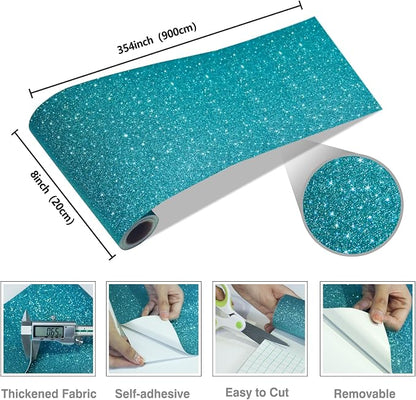 CRE8TIVE 8"x354" Teal Blue Glitter Wallpaper Stick and Peel Wall Border Fabric - Image 9