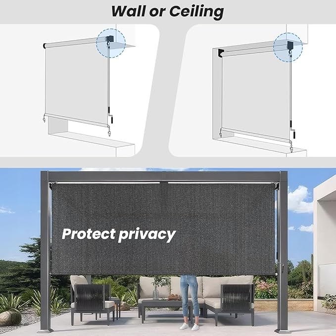 6'W x 8'H Gray Patio Shades Roll up Outdoor Roller Shade Crank Wand Blind - Image 6
