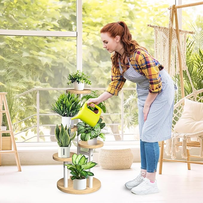 GEEBOBO 5 Tier Plant Stand Indoor, Metal Wood Plant Stands For Indoor Plants Multiple, Corner Tiered Flower Plants Shelf Stand for Living Room Bedroom, White