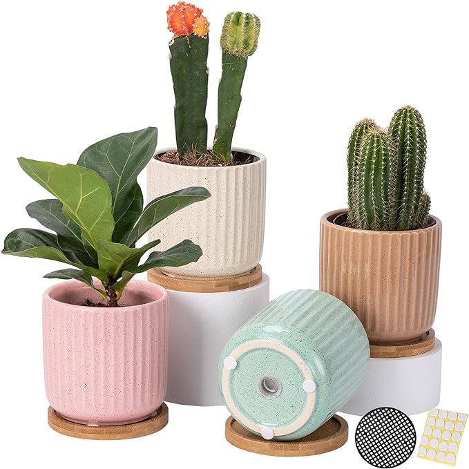 OMAYKEY 4 Inch Ceramic Plant Pot with Saucer, Adorable Stripe Multicolor Small Planters Pots with Drainage Hole & Mesh Pads for Succulent, Snake Plants, Cactus, Herbs - Set of 4