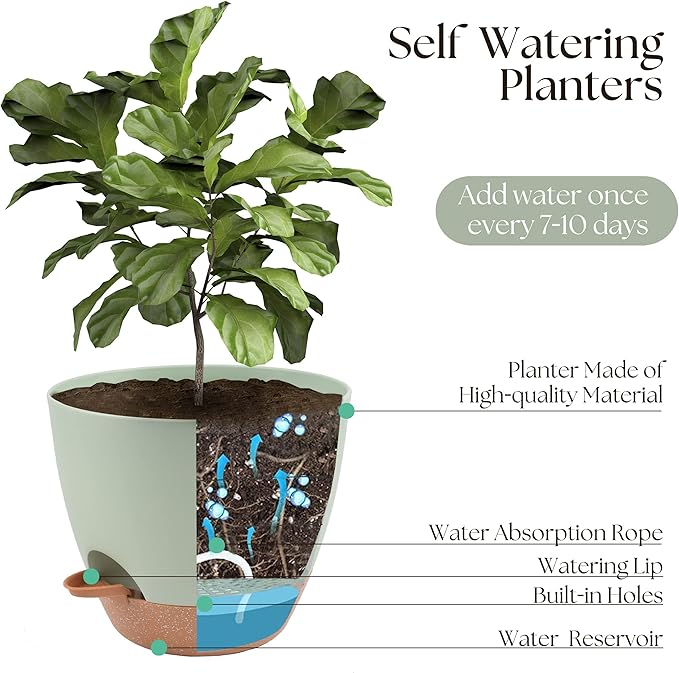 Plant Pots 12/10/9 inch Set of 3, Self Watering Flower Pots Indoor Outdoor, Planters with Drainage Hole Saucer Reservoir, Green