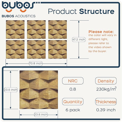 BUBOS Self-Adhesive Acoustic Wall Panels, 6 Pack Wood-Pattern Soundproof Wall - Image 2