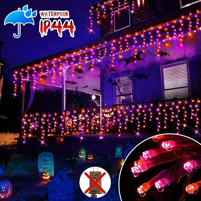 Hezbjiti 2Pack Total 800LED Halloween Lights Purple Orange Icicle Lights 32.8FT Halloween String Lights Outdoor Decoration 8 Modes 75 Drops Fairy Lights for Eaves Party Yard Garden Halloween Decor