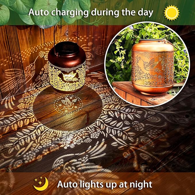 2 Pack Hummingbird Outdoor Solar Hanging Lanterns Waterproof LED Solar Lights Metal Decorative Lanterns for Garden, Patio, Courtyard, Backyard, Yard Decor Unique Hummingbird Gifts for Women Gardening