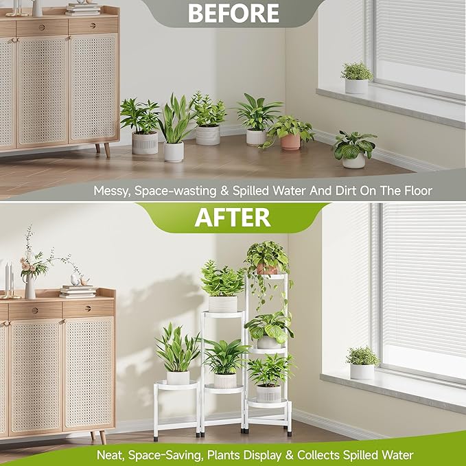 6 Tier Metal Plant Stand Indoor, Rotatable Corner Plant Shelf Outdoor, Tiered Flower Pot Display Stand, Black Multiple Plants Holder for Patio Living Room Balcony Garden Home Decor - White