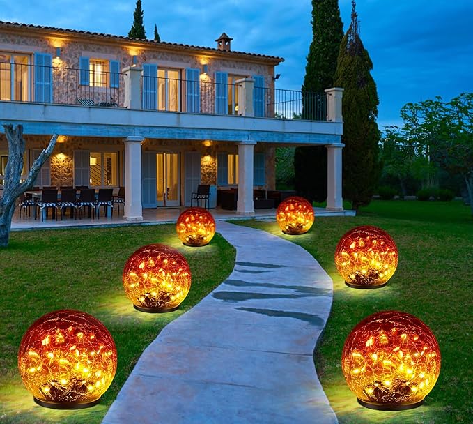 2 Pack 60 LED Garden Solar Outdoor Lights Decorative, Gradient red Cracked Glass Solar Globe Lights, Upgraded Waterproof Ball Lights for Yard Pathway Patio Lawn Christmas Outside Decor
