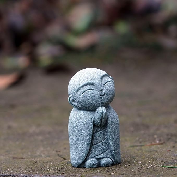 OwMell Japanese Jizo Monk Statue Praying, Buddha Jizo Statue Figurine Memorial Statue Aquarium Decoration for Garden Outdoor Ornament 2.6" - Tilting Head