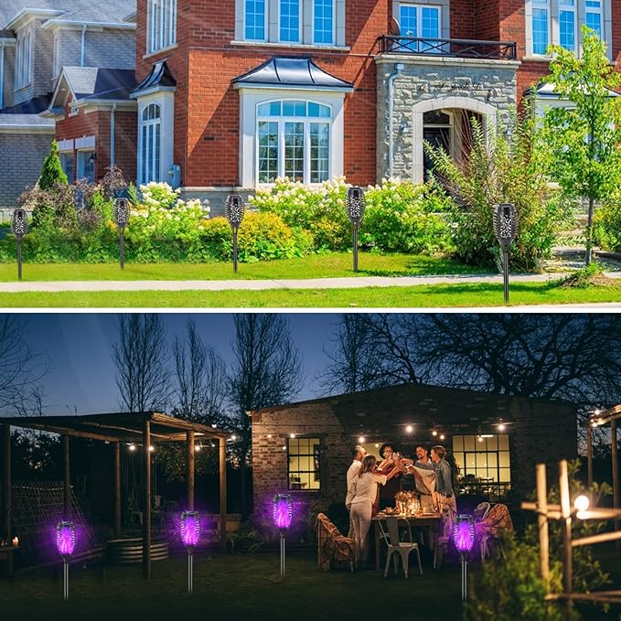 Halloween Decorations Outdoor, 12 Pack Purple Solar Lights Outdoor Waterproof 12 LED Mini Tiki Torch Lights with Flickering Flame for Outside Landscape Garden Pathway Dusk to Dawn Auto On/Off