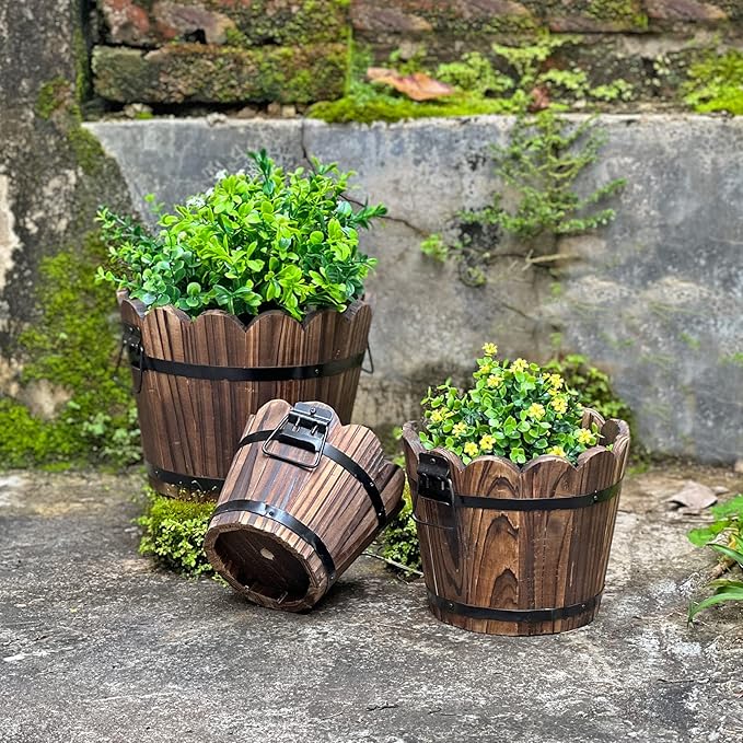Wooden Bucket Barrel Planters, Small Flower Pot with Drainage Holes for Indoor Plants Home Décor, Set of 3