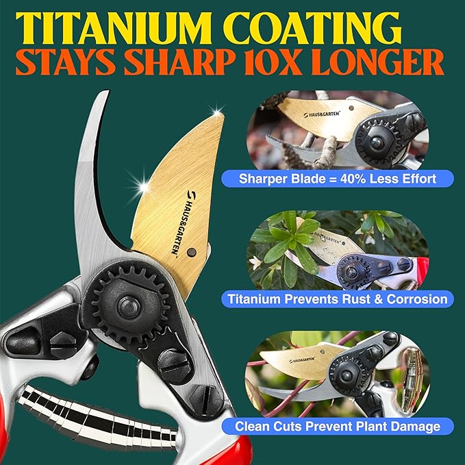 Haus & Garten PrecisionPRO 8" Titanium Pruning Shears - Heavy Duty Professional Bypass Pruner - Use As Rose Clippers, Premium Gardening Secateurs, Garden Scissors, Handheld Yard, Tree, & Plant Tool