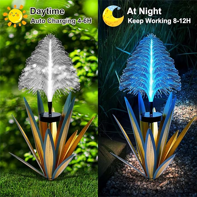 Homight Metal Outdoor Decoration Gift Christmas Decorations Outdoor Metal Agave Yard Art Garden Lights Solar Outdoor, 7 Color Changing Garden Yard Pathway Xmas Decor Waterproof (2 pcs Blue)