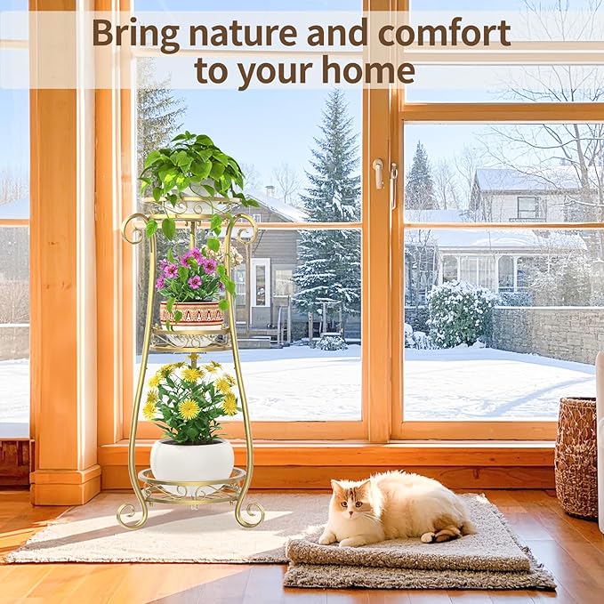 LASZOLA 3 Tier Gold Metal Plant Stand for Multiple Large Planters Indoor Outdoor Organizer, Heavy Duty Tall Flower Stand for Corner Patio Bathroom Office, Modern Sturdy Vertical Iron Rack, Cat Proof