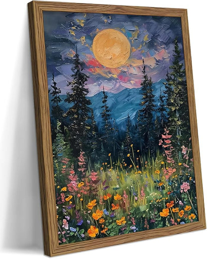 Framed Nature Forest Canvas Wall Art, Full Moon above Wildflowers and Woodland by Unknown