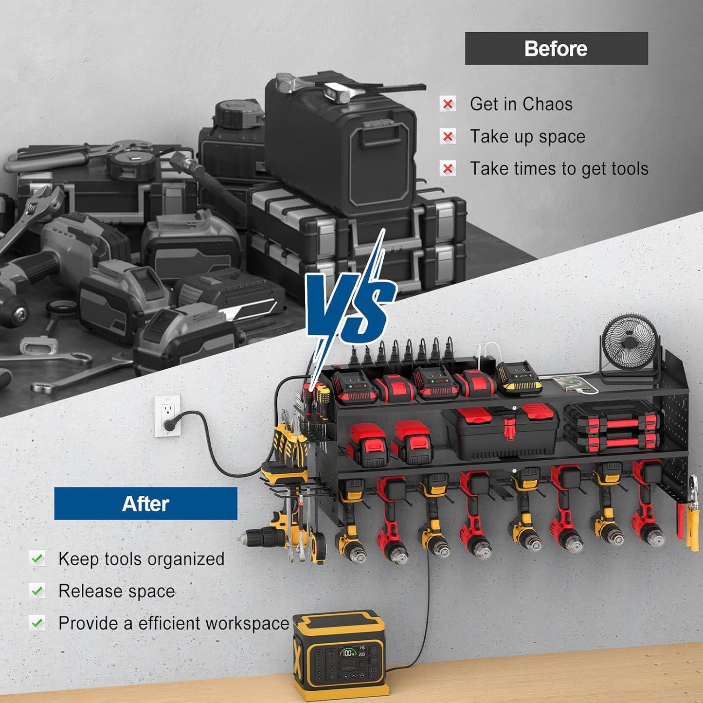 JUNNUJ Large Power Tool Organizer Wall Mount with Charging Station. Garage 8 Drill Holder Tools Battery Storage Shelf, Heavy Duty Utility Storage Rack Built in 8 Outlet 3 USB 6 FT Power Strip