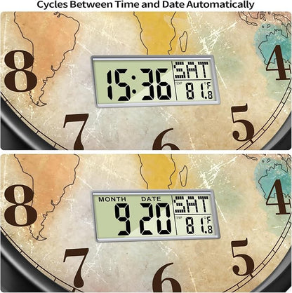 12" Silent Non-Ticking Vintage Distressed World Map Wall Clock, Battery - Image 3