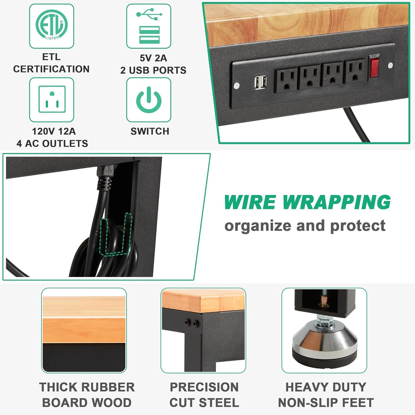 HABUTWAY Height Adjustable Workbench, 60"x20" 2000 Lbs Capacity Solid Wood Work Station Heavy-Duty, with Power Outlets, for Garage Party Shop Office