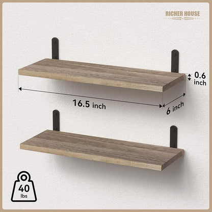 RICHER HOUSE Rustic Wood Shelves Set of 2, Farmhouse Style Floating Shelf - Image 3