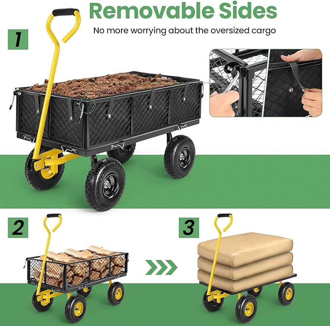 Homdox MAX 880 Lbs Garden Cart, Heavy Duty Foldable Mesh Steel Garden Wagon with 180° Rotating Handle and 10 Inch Tires, Pullable Yard Cart for Yard Garden Beach Farm, Yellow with Bag