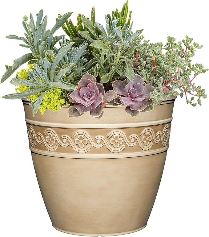 Classic Home and Garden Corinthian Resin Flower Pot Planter, Desert Tan, 10"