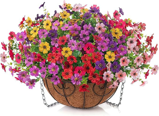 Artificial Fake Hanging Plants Flowers with Basket Outdoor Decor Faux Silk Dasiy Flower Arrangements in Pot Planter for Porch Home Indoor Patio Garden Yard Decoration