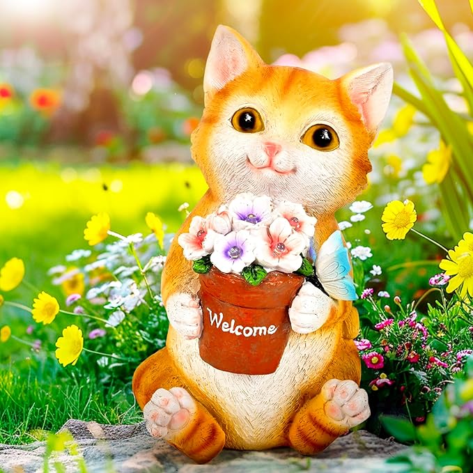 GIGALUMI Solar Garden Decor Flower Pot Cat Statues Outdoor, Birthday Gifts for Women, Gifts for Mom Grandma Senior Elder, Elephant Ornament for Balcony, Garden, Patio, Yard, Lawn