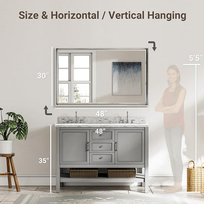 48 x 30 Beveled Bathroom Mirror, Shatterproof Rectangle Mirror, Metal Framed - Image 2