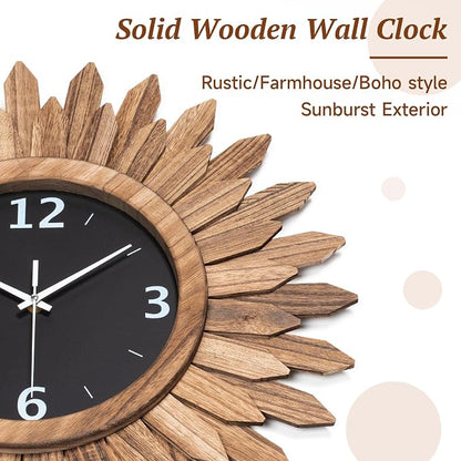 Honiway 14 Inch Wall Clock, Rustic Wood Boho Sunburst Decorative Wall Clocks - Image 6