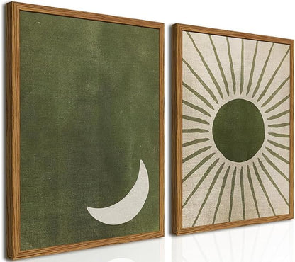 Framed Boho Sun and Moon Canvas Wall Art Set of 2, Vintage Sage Green Bohemian by Hwetui