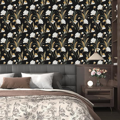 Laatse Black Gold Peel and Stick Wallpaper White Floral Contact Paper 17.5in x - Image 5