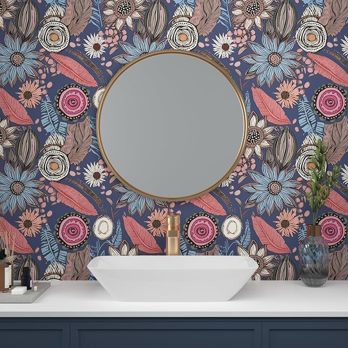 Boho Wallpaper Peel and Stick, Vintage Blue Pink Floral Contact Paper, Retro - Image 4