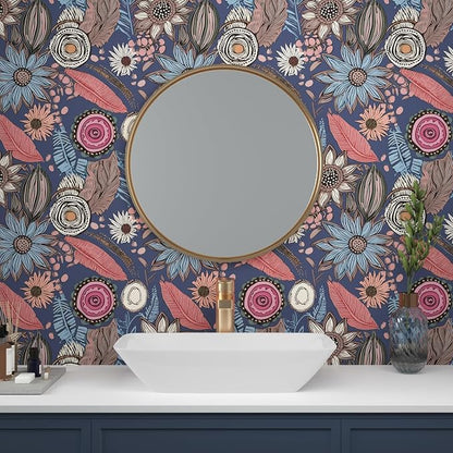 Blue Pink Wallpaper Peel and Stick, Vintage Boho Floral Contact Paper 17.5" x - Image 4