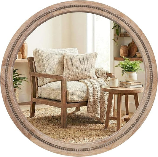 30" Round Solid Wood Mirror for Bathroom Vanity, Handcrafted Beaded Circle Wall by Pocetry