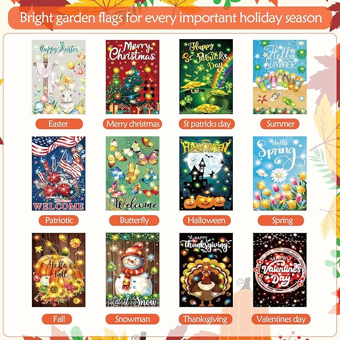 12 Pcs Solar Seasonal LED Garden Flags 28 x 40 Inch Double Sided Yard Flags Spring Easter Halloween Fall Thanksgiving Day Decorations Welcome Garden Flag Lawn Yard Outdoor Holiday Decoration