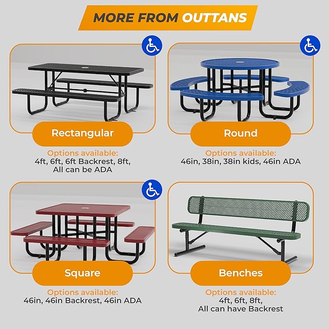 Metal Picnic Tables for Outdoors with Umbrella Hole - Coated Steel Heavy Duty Commercial Grade Table with Adjustable Seats (Blue, 46 in, Square with Back, Expanded Steel)