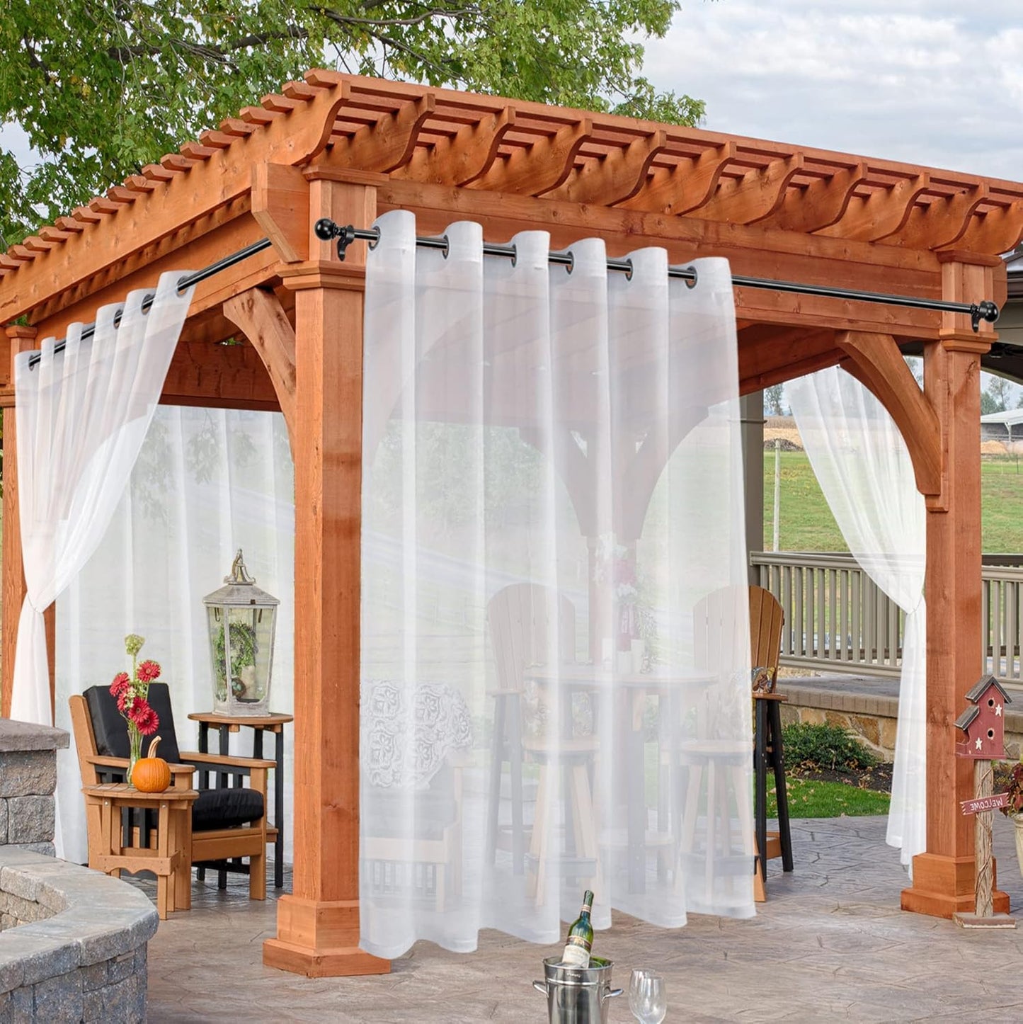 HolidayIdeas White Outdoor Sheer Curtains for Patio Waterproof, 4 Panels - 100 x 108 Inch - Extra Wide Voile Outside Curtains Light Filtering Grommet Drapes for Front Porch, Gazebo, Pergola, Backyard