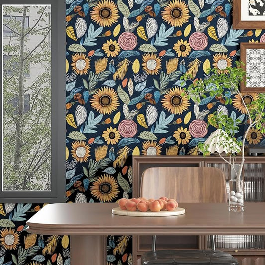 Blue Wallpaper Peel and Stick, Vintage Boho Floral Contact Paper, 17.5" x - Image 2